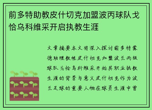 前多特助教皮什切克加盟波丙球队戈恰乌科维采开启执教生涯