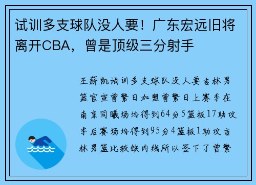 试训多支球队没人要！广东宏远旧将离开CBA，曾是顶级三分射手